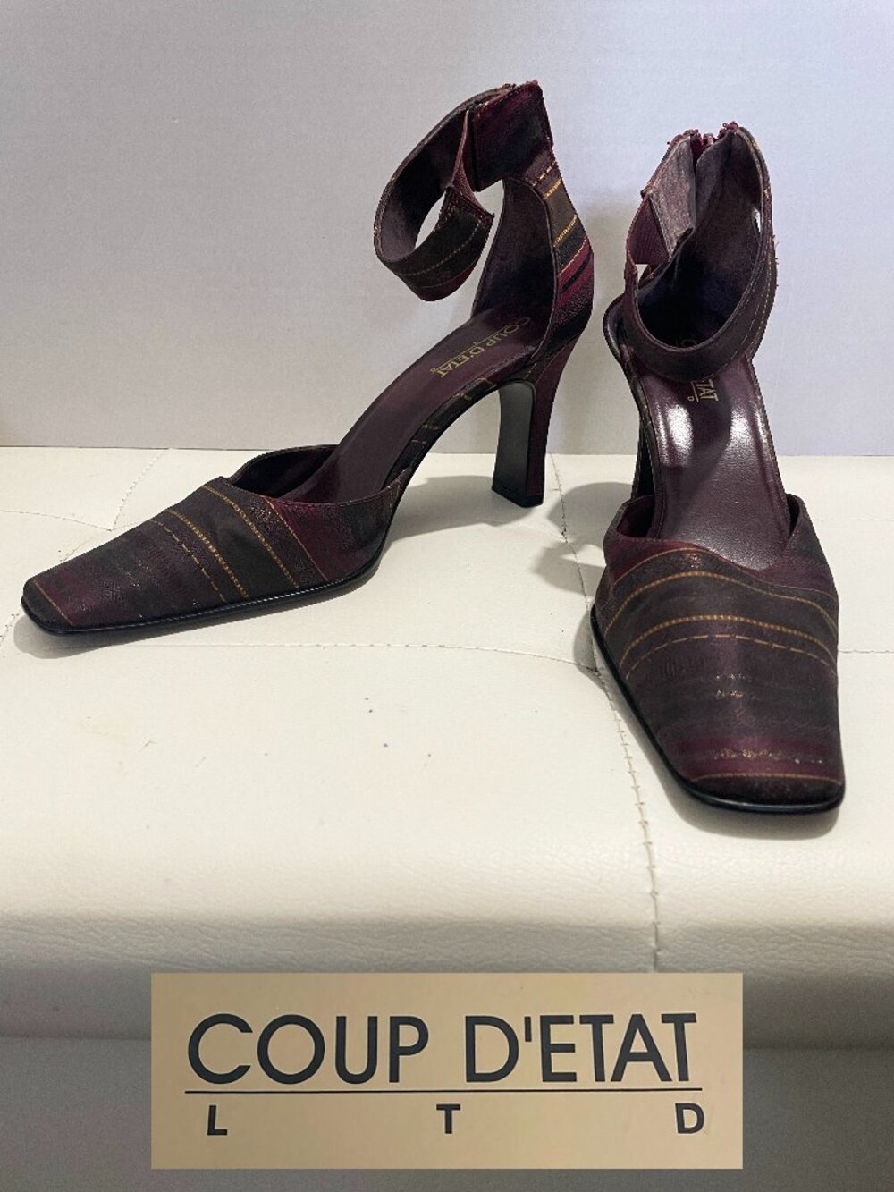 Vintage Coup D’Etat Striped Tapestry Square Toe Ankle Strap Heels 9.5M